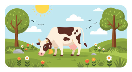 Fototapeta premium Spotted cow with a bell grazing peacefully in a lush green meadow with trees, flowers, and a bright sun in the sky.