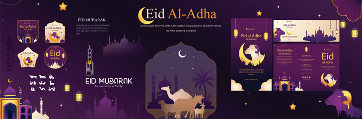 Eid al adha greeting card set featuring mosque silhouettes with sheep and camel illustrations in purple and gold flat style. © ymnd