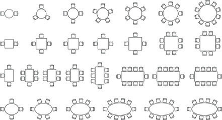 Fototapeta na wymiar CAD furniture plan vector set, top view table and seating layouts, dining, conference and boardroom arrangements, for architectural floor plans and interior design drawings