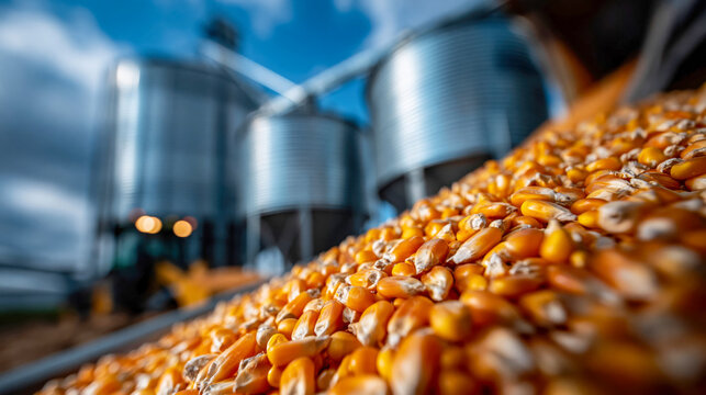 Industrial grain silos beside large corn pile under blue sky, agriculture storage and food production facility scene