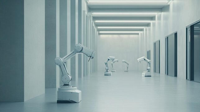 Robotic arms standing in a bright minimalist hallway, signifying advanced automation and technology in a futuristic industrial or laboratory environment