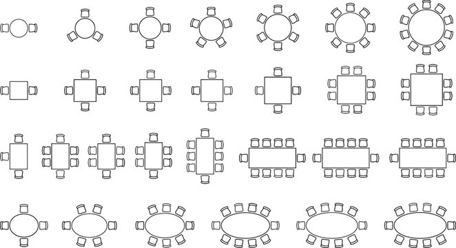 CAD furniture plan vector set, top view table and seating layouts, dining, conference and boardroom arrangements, for architectural floor plans and interior design drawings