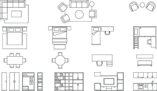 CAD office furniture plan symbols set, top view workstation, meeting, lounge and reception layouts for architectural floor plans and coworking space design drawings