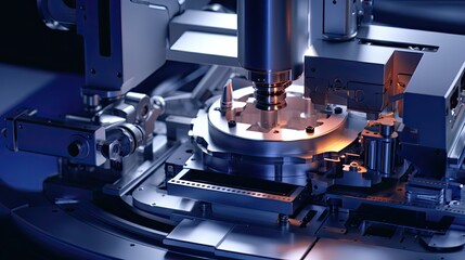 Fototapeta premium Advanced industrial equipment performing precision tasks in a modern factory, fabricating tiny microchips and other electronic subcomponents for high technology devices