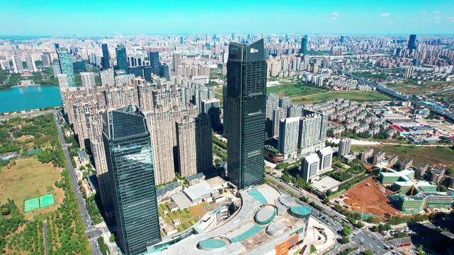 Aerial City Skyline of Nanchang China with Modern Skyscrapers and Lake