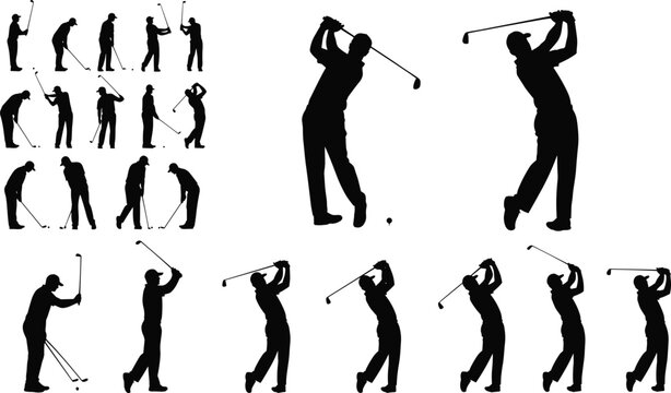 Golf player silhouette collection featuring swing poses, putting actions, and professional golfer vector sports illustrations