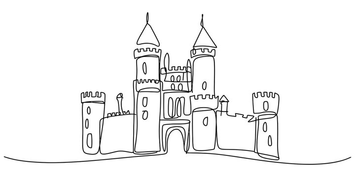 Continuous single line drawing of a medieval castle with towers and walls as a simple minimalist sketch for fairytale design and creative art Vector, illustration
