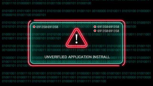 unverified application install computer hacking warning, message hacked alert warning hacked alert blackmailing virus, countdown until deletion computer security alert on binary cod background. 