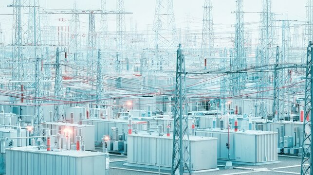 Electrical substation with countless pylons and industrial structures efficiently managing power distribution, forming a complex infrastructure for delivering high voltage energy