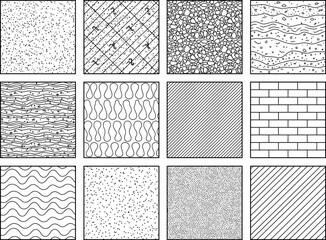 CAD hatch texture swatch set, architectural material patterns with gravel, terrazzo, wood, brick and water line fills for blueprint, drafting and technical drawings © PrimePixel Co