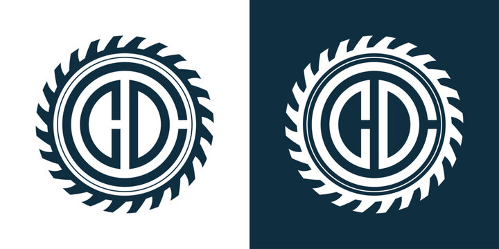Two circular gear icons featuring a monogram CDC design in metallic silver and black, set against a solid dark teal background.