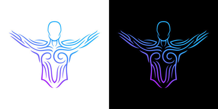 Two minimalist human silhouettes with illuminated tribal-inspired body art against a black backdrop, showcasing abstract glowing designs on arms and torso.