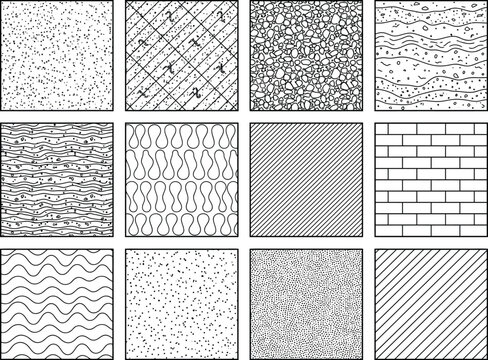 CAD hatch texture swatch set, architectural material patterns with gravel, terrazzo, wood, brick and water line fills for blueprint, drafting and technical drawings