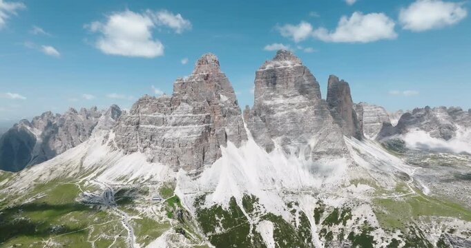 Aerial shot of the Three Peaks of Lavaredo in the Sexten Dolomites, Italy