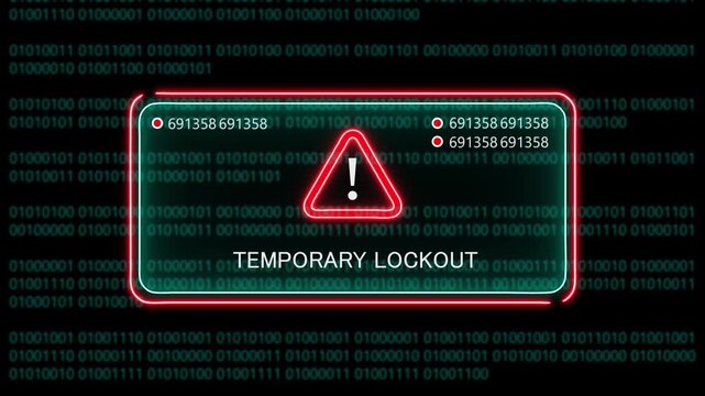 temporary lockout computer hacking warning, message hacked alert warning hacked alert blackmailing virus, countdown until deletion computer security alert on binary cod background. 