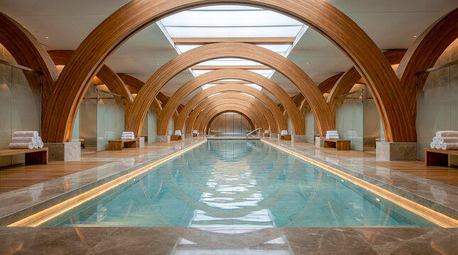 Luxury indoor swimming pool hall with curved timber arches and exposed wooden beams creating warm wellness atmosphere in modern sustainable architecture