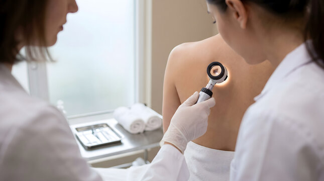 Dermatologist examining dark mole on patient back, Skin cancer screening with dermatoscope, Preventive dermatology exam, Calm clinical copy space