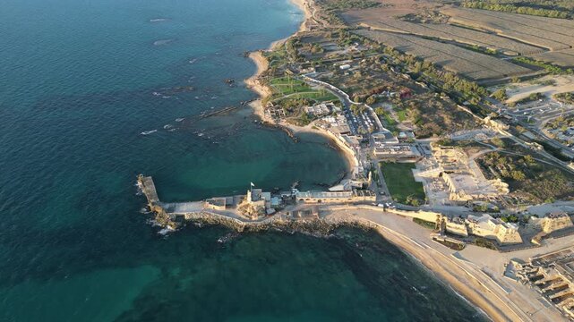 Aerial View of Caesarea Ancient Harbor and Mediterranean Coast Israel