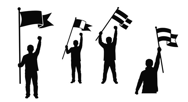 People waving flags silhouette against white background