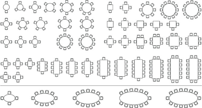 Top view seating layout CAD symbols, dining and conference table arrangements with chairs for interior floor plans and architectural space planning