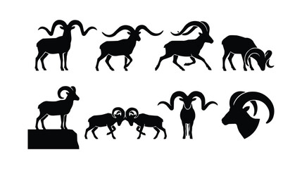 Fototapeta premium Set of Eight Black Bighorn Ram Silhouettes in Various Poses Isolated on White Background 