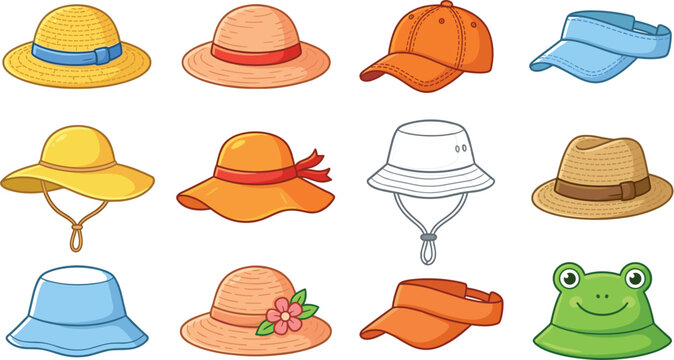Comprehensive Summer Hat Vector Set Featuring Straw Sun Hats Baseball Caps Visors and a Cute Frog Bucket Hat for Vacation Fashion and Beach Themed Graphic Design Projects
