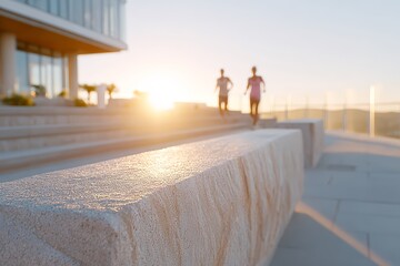 Fototapeta premium Sunrise urban walkway with blurred jogging figures and textured stone bench for city fitness background and morning wellness poster