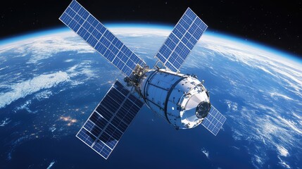 Fototapeta premium Satellite with deployed solar panels orbiting above earth, providing global connectivity and advanced telecommunication technology while capturing power from the sun