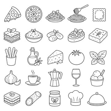 Assorted italian cuisine icons featuring pizza, pasta, lasagna, and more.