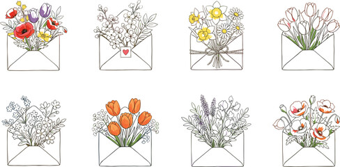 Set of Hand Drawn Floral Envelope Illustrations with Colorful Spring Flowers and Bouquets for Romantic Greetings, Wedding Stationery, and Decorative Invitation Designs © rumi