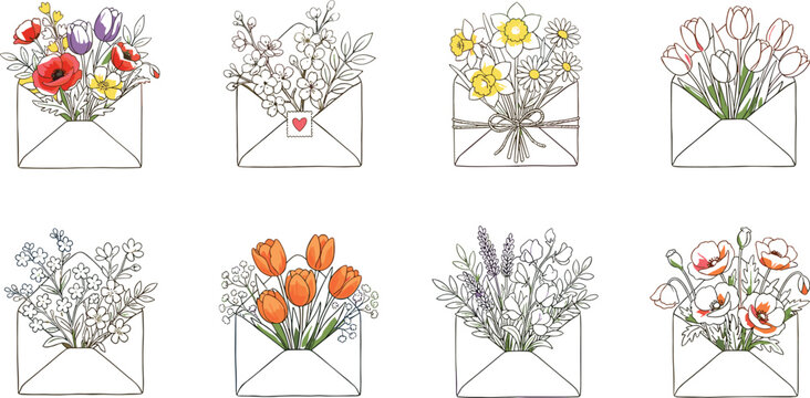 Set of Hand Drawn Floral Envelope Illustrations with Colorful Spring Flowers and Bouquets for Romantic Greetings, Wedding Stationery, and Decorative Invitation Designs