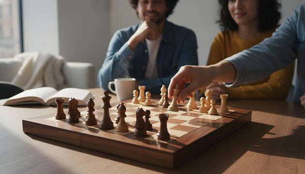 Group of diverse friends playing chess together at home for International Chess Day celebration concept, showcasing strategic thinking, competition and logic in a bright setting