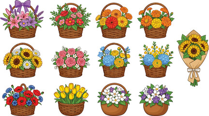 Large Set of Floral Basket Illustrations Featuring Sunflowers Roses Tulips and Hydrangeas in Woven Wicker Baskets for Mother's Day Greetings and Romantic Spring Gift Design Projects © rumi