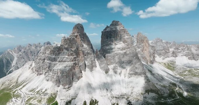 Aerial of the Three Peaks of Lavaredo in the Sexten Dolomites, Italy