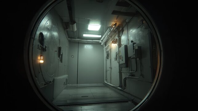 Spaceship interior corridor with industrial pipes, panels and dim lighting, circular porthole view, metallic bulkheads and cables evoke a futuristic, enclosed sci fi atmosphere
