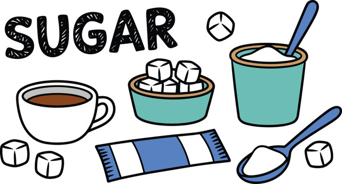 Vector illustration of sugar in cubes, granulated form, packets, and spoons with coffee or tea