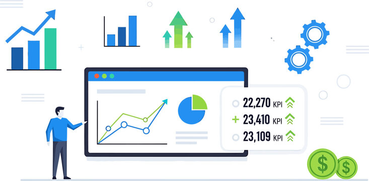 Business analyst presenting financial data dashboard with charts graphs and kpi metrics