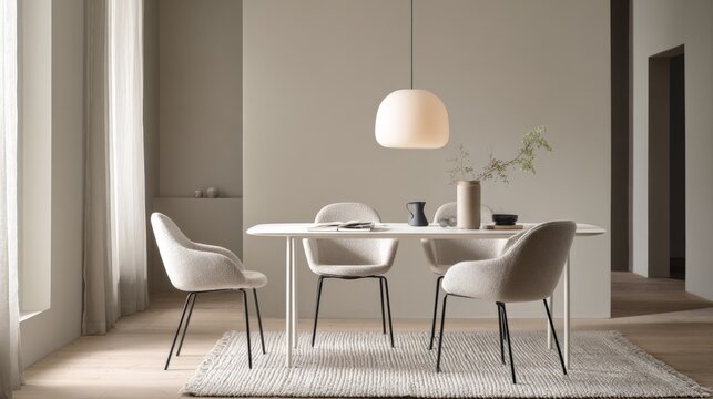 Minimalist dining room with soft, neutral tones. Sleek table and chairs invite calm, quiet conversation. Warm pendant light casts gentle glow over the space