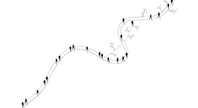 People walking in a line formation.