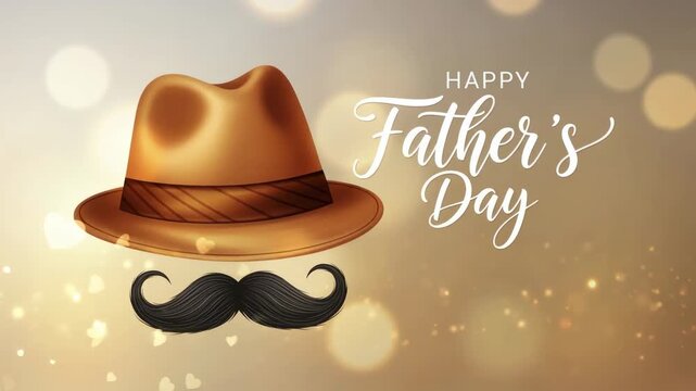Happy father's day greeting with a brown fedora hat and curled black mustache over golden bokeh hearts and sparkling background