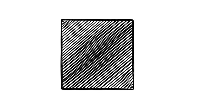 Hand drawn black square filled with dense diagonal scribble lines creating a textured geometric shape on a plain white background.
