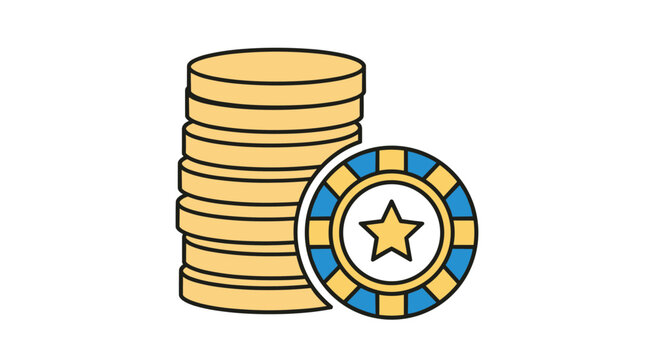 Stack of golden casino chips or tokens with a blue and gold star chip in front representing gambling, luck, and entertainment.