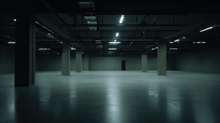 Obraz premium Empty dark concrete warehouse interior with large support pillars, reflective floor and illuminated ceiling pipes and fluorescent lights, evoking vast, minimalist industrial space