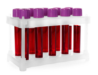 Obraz premium Many test tubes with blood samples in rack isolated on white
