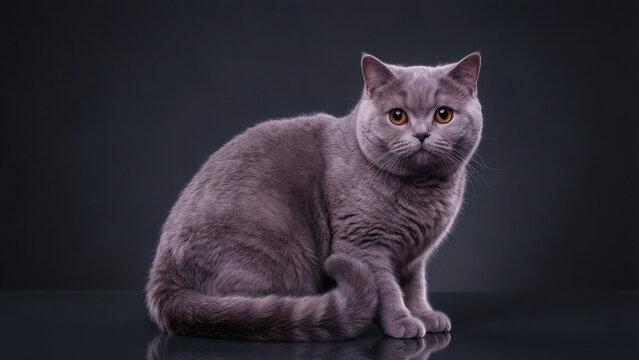 Portrait studio de chat british shorthair gris aux yeux ambre sur fond sombre