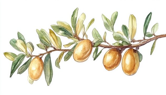 Delicate watercolor illustration showcasing an argan tree branch with ripe argan nuts and lush green leaves