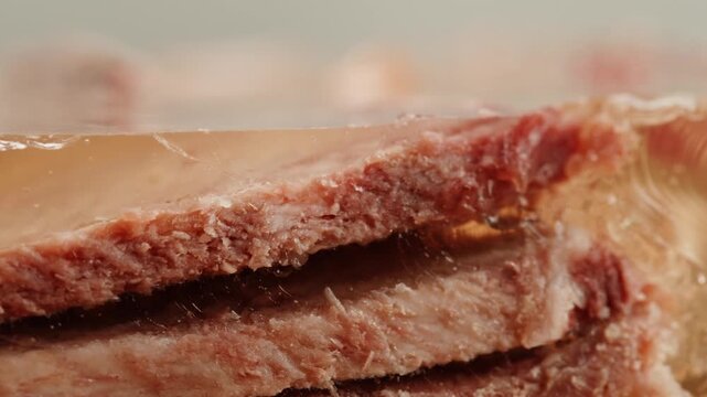 Meat aspic, slavic food, Traditional Russian pork meat aspic Kholodets with horseradish, mustard, jellied jelly beef, eating in restaurant chicken tasty dish. Close up on kitchen. 