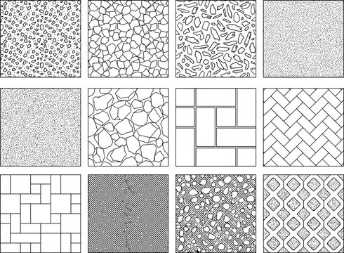 Construction hatch texture swatch collection, CAD material fill patterns with gravel, brick, paving, asphalt and geometric surfaces for architectural blueprint and engineering drawings