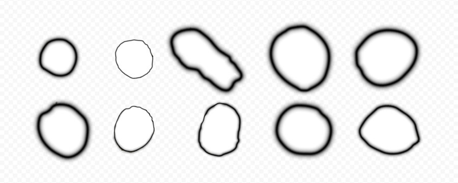 Paper burnt holes and stains vector set, charred overlay effect, burned paper round border fire scorched edges and ash
