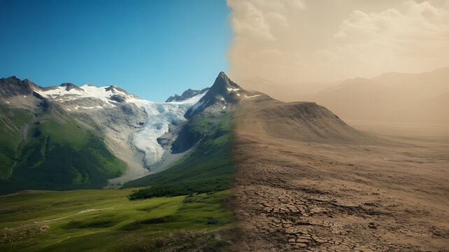 Dramatic Split Image of Lush Mountains and Barren Desert Representing Climate Change and Environmental Contrast